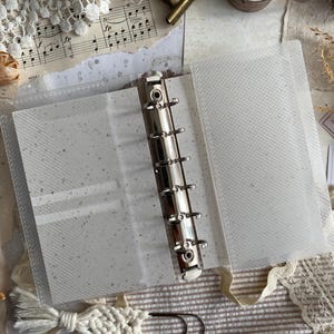 May include: A clear plastic six-ring binder with a silver metal mechanism. The binder features translucent covers with a subtle diagonal grid texture and contains off-white paper inserts with small dark flecks throughout the pages.