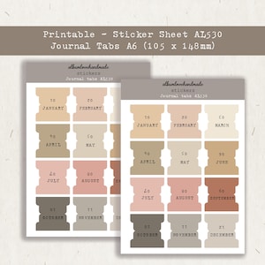 May include: Printable sticker sheets with journal tabs. Each tab is labeled with a month from January to December. The tabs are in various neutral colors, including beige, pink, and brown. The text "Journal Tabs A6 (105 x 148mm)" is printed on the sheet.