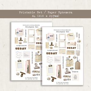 Può includere: Due fogli di carta stampabile in stile vintage. Presentano elementi decorativi come ritagli di carta, cornici, clip e testo come "Today" e "This Week". Formato A4 (210 x 297 mm).