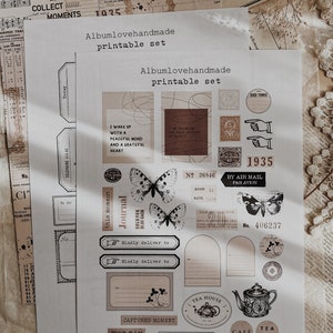 May include: Printable set of vintage-style stickers featuring butterflies, a teapot, a teacup, and other decorative elements. The stickers are printed on white paper with a brown background. The text on the stickers includes "Journal", "This moment", "Kindly deliver to", "Captured moment", "This day", "Have a nice day", "IG: @albumlovehandmade", "For personal use only", "Tea House", "Cafe", "Tea Pot", "By Air Mail", "Par Avion", "No. 26846", "Room 11", "Rate 0.50", "Over 20", "Until 3.1.1925", "No. 406237", "1935", "Good Things".