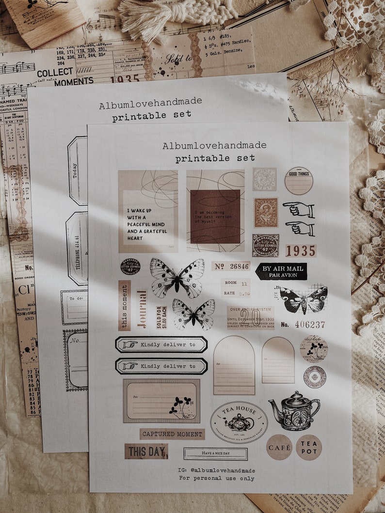 May include: Printable set of vintage-style stickers featuring butterflies, a teapot, a teacup, and other decorative elements. The stickers are printed on white paper with a brown background. The text on the stickers includes "Journal", "This moment", "Kindly deliver to", "Captured moment", "This day", "Have a nice day", "IG: @albumlovehandmade", "For personal use only", "Tea House", "Cafe", "Tea Pot", "By Air Mail", "Par Avion", "No. 26846", "Room 11", "Rate 0.50", "Over 20", "Until 3.1.1925", "No. 406237", "1935", "Good Things".