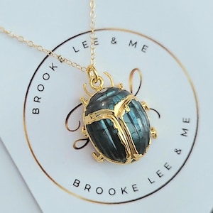 Jewel Beetle Necklace, Labradorite Statement Necklace, Egyptian Scarab Pendant, Insect Carved Gemstone, Meaningful Jewelry, Entomology Gift