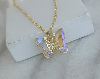 Iridescent Butterfly Necklace, Crystal Butterfly Pendant, Memorial Gift, Gold Filled Butterfly Necklace, Insect Jewelry, Stocking Stuffer