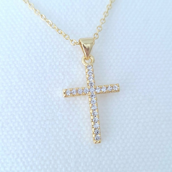 Sparkly Gold Cross Necklace, Rhinestone Cross Necklace, CZ Pave Cross Pendant, Cubic Zirconia Cross, No Tarnish Cross, Girl Confirmation