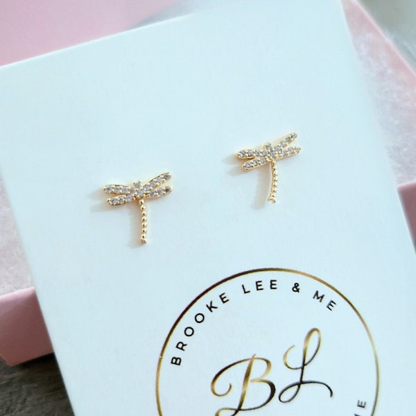 Dragonfly Stud Earrings, Small Dragonfly Earrings, CZ Insect Studs,  Tiny Kawaii Stud Earrings, Bug Enthusiast Gift, Dragon Fly Earrings