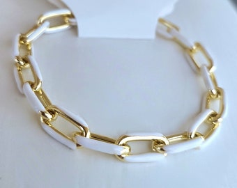 White Enamel Chain Link Bracelet, Gold White Chunky Oval Link Bracelet, White Paperclip Bracelet, Stacking Bracelet, Trendy Summer Jewelry