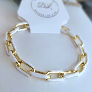 White Enamel Chain Link Bracelet, Gold White Chunky Oval Link Bracelet, White Paperclip Bracelet, Stacking Bracelet, Trendy Summer Jewelry