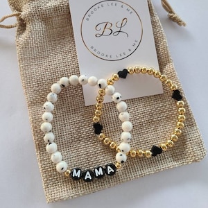 Mama Bracelet Stack, Gold Filled Bead Name Bracelet, Dalmatian Jade Gemstone, Custom Gift For Women, Personalized Jewelry
