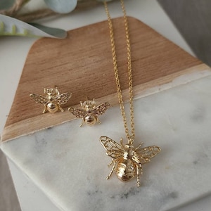 Gold Bee Necklace, Gold Bee Earrings,  Insect Jewelry, 14K Gold Filled Earrings Necklace Set, Honey Bee