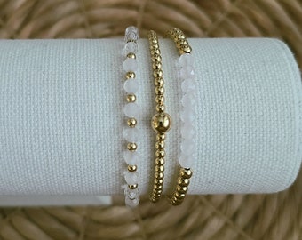 Rose Quartz Bracelet Set, Custom Bracelet Stack, Gold Filled Beaded Bracelet, Dainty Gemstone Bracelet, Layering Gold Ball Bracelet Gift Set