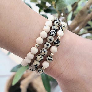 Cheetah Bracelet Set, Dalmatian Gemstone Gold Filled Bead Stretch Bracelet, Neutral Bracelet Stack, Bracelet Pair, 3 Piece Set Of Bracelets