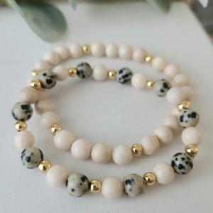 Cheetah Bead Bracelet Set, Dalmatian Jasper Stretch Bracelet, Leopard Bracelet, Custom Gemstone Bracelet, Gold Filled Bead, Neutral Stack