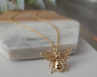 NEW SIZE! Gold Bee Necklace, Large Bee Pendant, Small Bee Charm Necklace, Honey Bee, Bumble Bee, Bee Jewelry