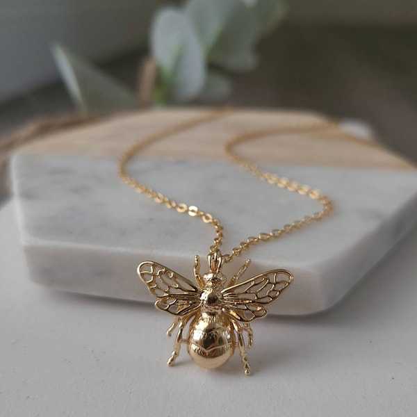 14K Gold Filled Bee Necklace, Gold Bee Pendant, Honey Bee Charm, Insect Charm, Beekeeper, Bee Jewelry