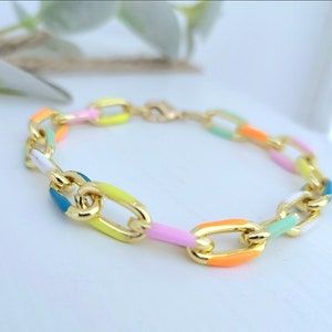Gold Enamel Link Bracelet, Colorful Oval Link Bracelet, Multicolor Neon Chain Link, Statement Bracelet Trendy, Summer Jewelry, Stacking