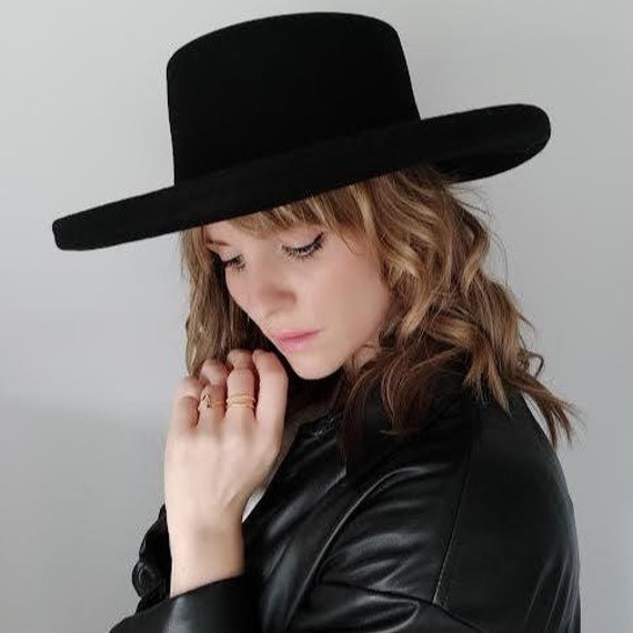 Black Wool Hat Flat Top Hat Winter Hat 