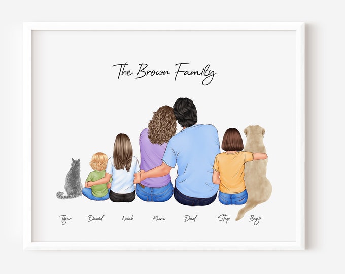 Custom Family Portrait with Pets, Mothers Day Gift, Personalized Family Art Deco, Gift for Mom from Daughter, Gift for Dad, Gift for Grandma