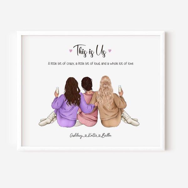 Best Friends Personalized print, Custom 3 friend prints, Three Best friends gift picture, Group of Three Best friends gift for her