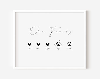 Personalised Family Print, Gift Ideas, Names and Dog/Cat/Animal Paws, Customised Our Family Hearts Print, Christmas Present