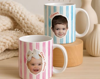 Personalised Baby Photo Mug with Watercolor Stripes, Custom Kids Face Coffee Cup, Gift for New Mum & Grandma, Personalised Baby Name Mug
