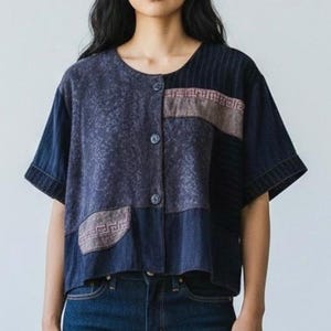 スペンサー・アレクシス ヴィンテージ パッチワーク ボタンアップ トップ ボヘミアン ミックスメディア アート トゥ ウェア サイズ 8