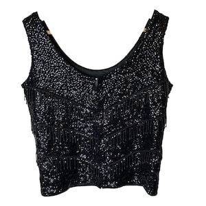 Blusa vintage de lana con lentejuelas y cuentas, hecha a mano, sin mangas, color negro, talla mediana