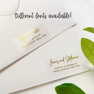 Gepersonaliseerde goudfolie doorzichtige transparante retouradreslabels ontwerp bruiloft retourlabels Gepersonaliseerde aangepaste labels, zakelijke sticker