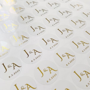 Nuevas pegatinas PERSONALIZADAS con LÁMINA DORADA, iniciales de boda, pegatinas transparentes, invitaciones de boda, pegatinas de invitación, pegatinas de agradecimiento, pegatinas minimalistas para guardar la fecha
