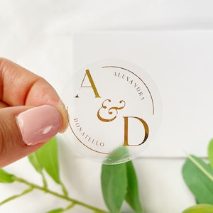Nuevas pegatinas PERSONALIZADAS con LÁMINA DORADA, iniciales de boda, pegatinas transparentes, invitaciones de boda, pegatinas de invitación, pegatinas de agradecimiento, pegatinas minimalistas para guardar la fecha