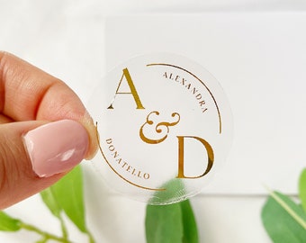 Gold Foil Wedding Initial Stickers: Clear Personalized Invitation Seals