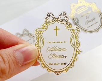Gold Foil Christening Stickers: Personalized Baptism, Communion Invitation Seals