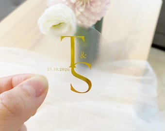 Gold Foil Wedding custom Names Initial Stickers: Clear Personalized Invitation Seals