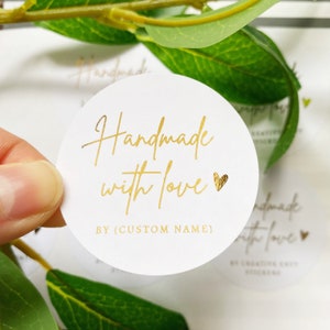 Handmade With Love Personalised Stickers, Foiled Stickers With Gold,  Silver, Rose Gold, Handmade With Love Label, Kraft Business, 51mm ST046 