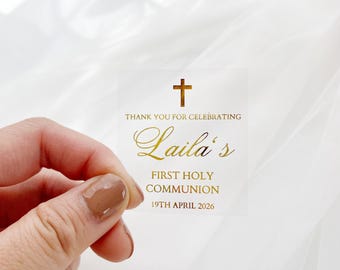 Gold Foil Baptism, Communion, Christening Stickers: Personalized Clear Invitation Seals