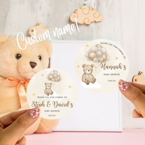 24 pegatinas personalizadas con diseño de oso neutro para revelación de género, para baby shower, brillo o mate, etiquetas para fiesta, anuncio de embarazo