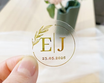 Gold Foil Wedding Stickers: Custom Initials, Clear Invitation Seals