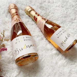 Mini vino botella de champán pegatina lámina de oro damas de honor cajas de propuesta regalo de dama de honor pegatinas de champán etiqueta pegatinas de boda minimalistas