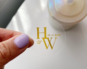 Gold Foil Wedding custom Names Initial Stickers: Clear Personalized Invitation Seals