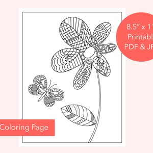 Printable Flower and Butterfly Coloring Page, Instant PDF + JPG ...