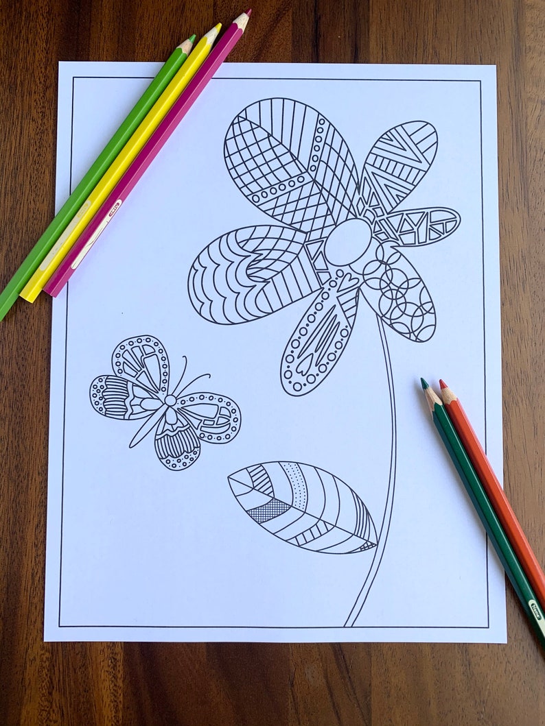 Printable Flower and Butterfly Coloring Page, Instant PDF JPG Download ...