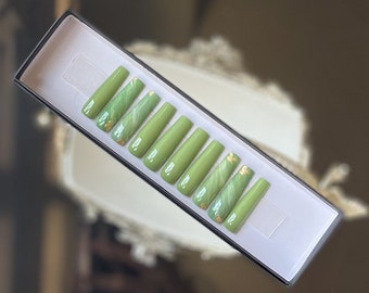 XXL Jade Green Marble  Press On nails| Marble Press On Nails| Jade Green Marble Nails| Olive Press On Nails| XXL Press On Nails| XXL Nails|