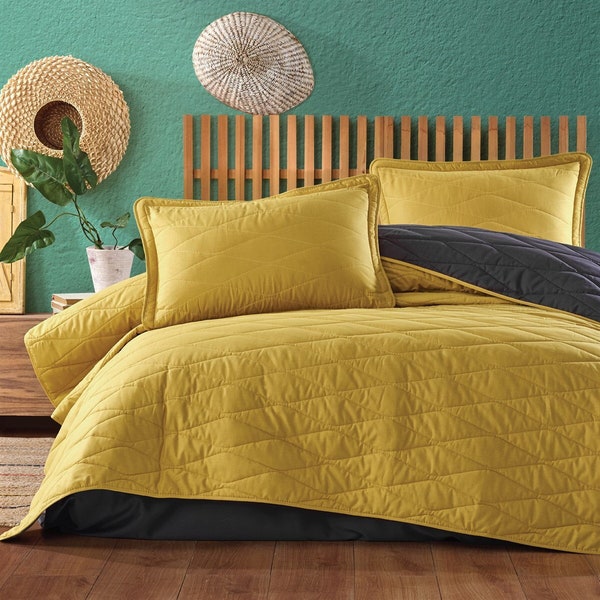 100% Turkish Cotton Bedding for All Season, Lightweight Bed Cover, Yellow Bedspread Quilt Set and Pillow Case, with Size Option