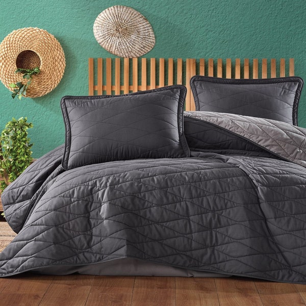 Literie 100 % coton turc pour toutes les saisons, couvre-lit léger, parure de lit et taie d'oreiller anthracite, avec option de taille.