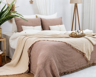 Turkish Muslin Cotton Bedspread Brown Soft Gauze Reversible Blanket Breathable Lightweight