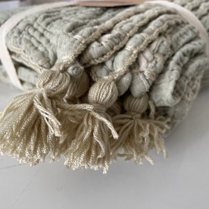 May include: A light green throw blanket with a fringe border and tassels. The blanket is folded and the tassels are visible.