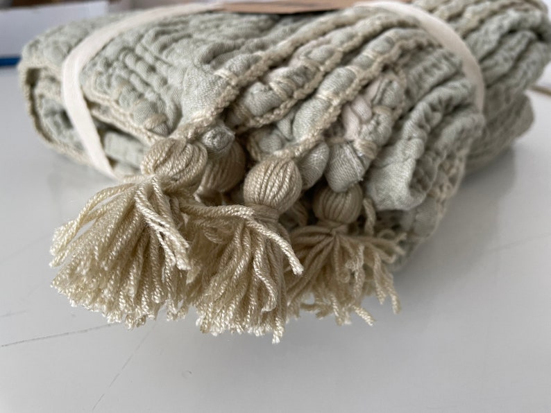 May include: A light green throw blanket with a fringe border and tassels. The blanket is folded and the tassels are visible.
