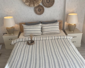 Organic Muslin Duvet Cover Set: Striped Cotton Bedding