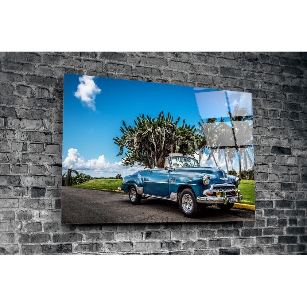 Glass Wall Art Vintage Car Blue Themed Wall Decor Home Living | Etsy