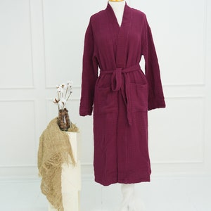 Muslin Bathrobe Unisex 4 Layers, Turkish 100% Cotton, Hooded, Gauze Soft, Spa, Absorbent, Long Robe Pockets, Natural Dressing Gown Damson
