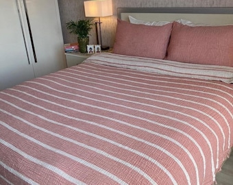 Striped Muslin Bed Cover: 100% Turkish Cotton Reversible Blanket